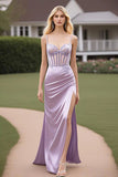 Lilac Spaghetti Straps Sheath Satin Ruched Long Corset Prom Dress with Slit