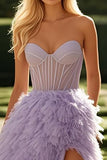 Lilac Sewwtheart A Line Tulle Tiered Long Corset Prom Dress with Slit