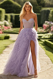 Lilac Sewwtheart A Line Tulle Tiered Long Corset Prom Dress with Slit