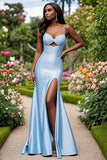 Sky Blue Spaghetti Straps Satin Sheath Beaded Long Prom Dress