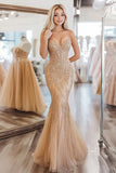 Mermaid Gold Sweetheart Sequin Tulle Long Prom Dress with Appliques