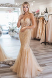 Mermaid Gold Sweetheart Sequin Tulle Long Prom Dress with Appliques