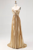 Sparkly Golden A Line Sweetheart Metallic Satin Pleated Long Prom Dress