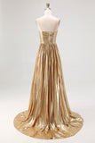Sparkly Golden A Line Sweetheart Metallic Satin Pleated Long Prom Dress