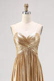 Sparkly Golden A Line Sweetheart Metallic Satin Pleated Long Prom Dress