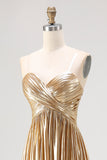 Sparkly Golden A Line Sweetheart Metallic Satin Pleated Long Prom Dress
