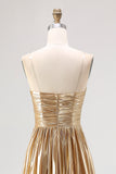 Sparkly Golden A Line Sweetheart Metallic Satin Pleated Long Prom Dress