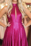 Fuchsia Halter Cut Out A Line Sequined Prom Dress