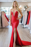 Red Mermaid Sweetheart Sequin Beaded Prom Dress with Slit