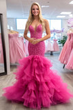 Fuchsia Sweetheart Mermaid Tulle Tiered Long Prom Dress with Appliques