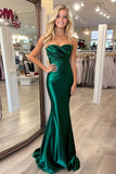 Dark Green Mermaid Strapless Satin Ruched Long Prom Dress