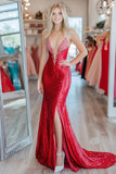 Red Mermaid Deep V-Neck Sequin Long Prom Dress with Beading