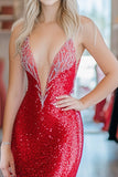 Red Mermaid Deep V-Neck Sequin Long Prom Dress with Beading