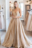 Gold Sweetheart A Line Metallic Satin Ruched Long Prom Dress