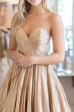 Gold Sweetheart A Line Metallic Satin Ruched Long Prom Dress