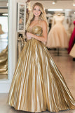 Gold Sweetheart A Line Metallic Satin Pleated Long Prom Dress