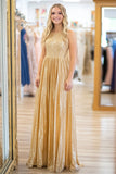 Sequined Gold A Line Scoop Neck Metallic Satin Long Prom Dress