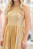 Sequined Gold A Line Scoop Neck Metallic Satin Long Prom Dress