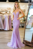 Lilac Spaghetti Straps Mermaid Lace Applique Tulle Long Prom Dress