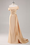 One Shoulder Pleated Champagne Sheath Satin Long Formal Dress