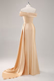 One Shoulder Pleated Champagne Sheath Satin Long Formal Dress