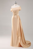 One Shoulder Pleated Champagne Sheath Satin Long Formal Dress