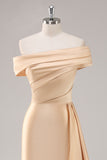 One Shoulder Pleated Champagne Sheath Satin Long Formal Dress