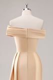 One Shoulder Pleated Champagne Sheath Satin Long Formal Dress