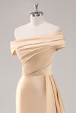 One Shoulder Pleated Champagne Sheath Satin Long Formal Dress