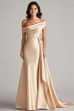 One Shoulder Pleated Champagne Sheath Satin Long Formal Dress