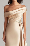 One Shoulder Pleated Champagne Sheath Satin Long Formal Dress