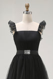 Black Tulle Spaghetti Straps A Line Formal Dress