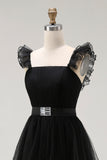 Black Tulle Spaghetti Straps A Line Formal Dress