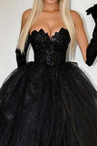 Sparkly Black Ball Gown Strapless Ruffles Tulle Long Prom Dress