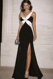 Black Mermaid V-neck Satin Long Military Ball Dress with Slit