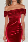 Burgundy Off the Shoulder Mermaid Velvet Military Ball Dress with Slit