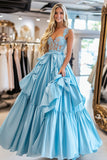 Queen Anne Sky Blue Ball Gown Sleeveless Long Prom Dress