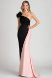 Black&Blush One Shoulder Ruched Sheath Satin Gala Dress