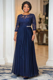 Elegant Navy A Line Boat Neck Chiffon Long Mother Of the Bride Dress with Lace Appliques