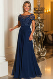 Navy A-Line Boat Neck Lace Appliques Chiffon Long Mother Of the Bride Dress with Short Sleeves