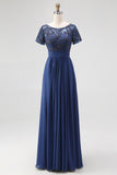 Navy Boat Neck A-Line Lace Appliques Long Mother Of the Bride Dress