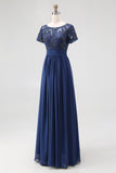 Navy Boat Neck A-Line Lace Appliques Long Mother Of the Bride Dress