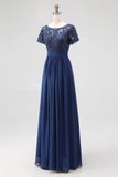 Navy A-Line Short Sleeves Long Chiffon Choir Dress with Beading