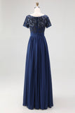 Navy Boat Neck A-Line Lace Appliques Long Mother Of the Bride Dress