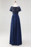 Navy A-Line Short Sleeves Long Chiffon Choir Dress with Beading