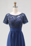 Navy Boat Neck A-Line Lace Appliques Long Mother Of the Bride Dress