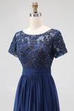 Navy Boat Neck A-Line Lace Appliques Long Mother Of the Bride Dress