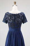 Navy A-Line Short Sleeves Long Chiffon Choir Dress with Beading