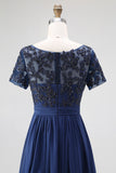 Navy Boat Neck A-Line Lace Appliques Long Mother Of the Bride Dress