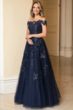 Elegant Navy Off the Shoulder A-Line Tulle Long Mother Of the Bride Dress with Lace Appliques